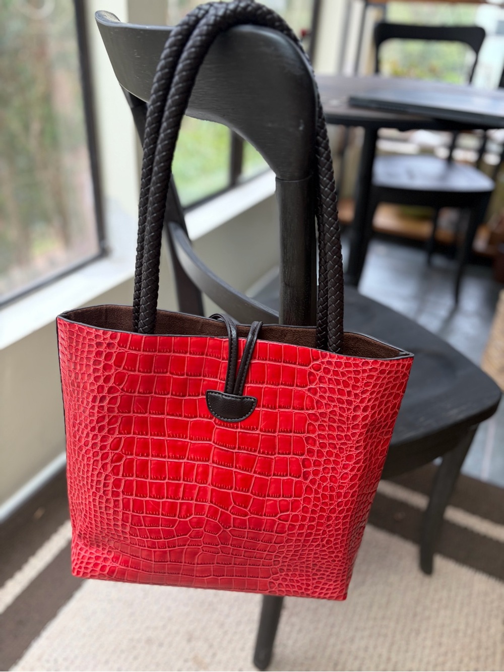 Croc-Embossed Tote Bag with Braided Handles